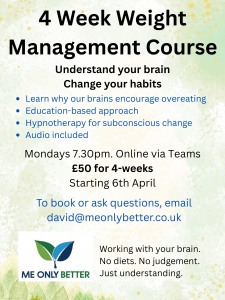 Online Weight Management Course using Hypnotherapy lasting 4 weeks.
